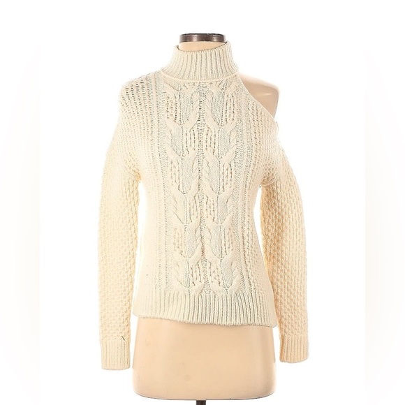 Intermix Britta Ivory Cold Shoulder Cableknit Wool Sweater Size P - Picture 2 of 5